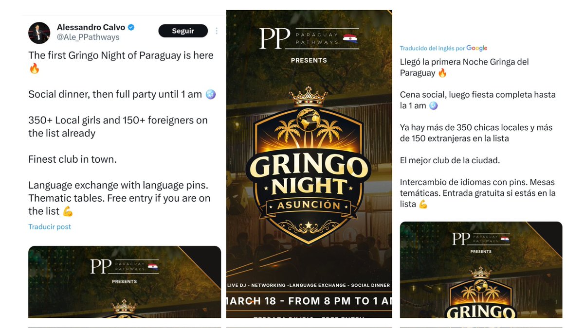 ▶️FUNARON A ITALIANO POR "FIESTA GRINGA CON 500 MUJERES" EN PARAGUAY| ​😶🇮🇹

Un empresario extranjero compartió un polémico flyer donde invitaba a un evento en Asunción que contaría con 350 mujeres locales y más de 150 extranjeras "en la lista", hasta las 1:00 h de la