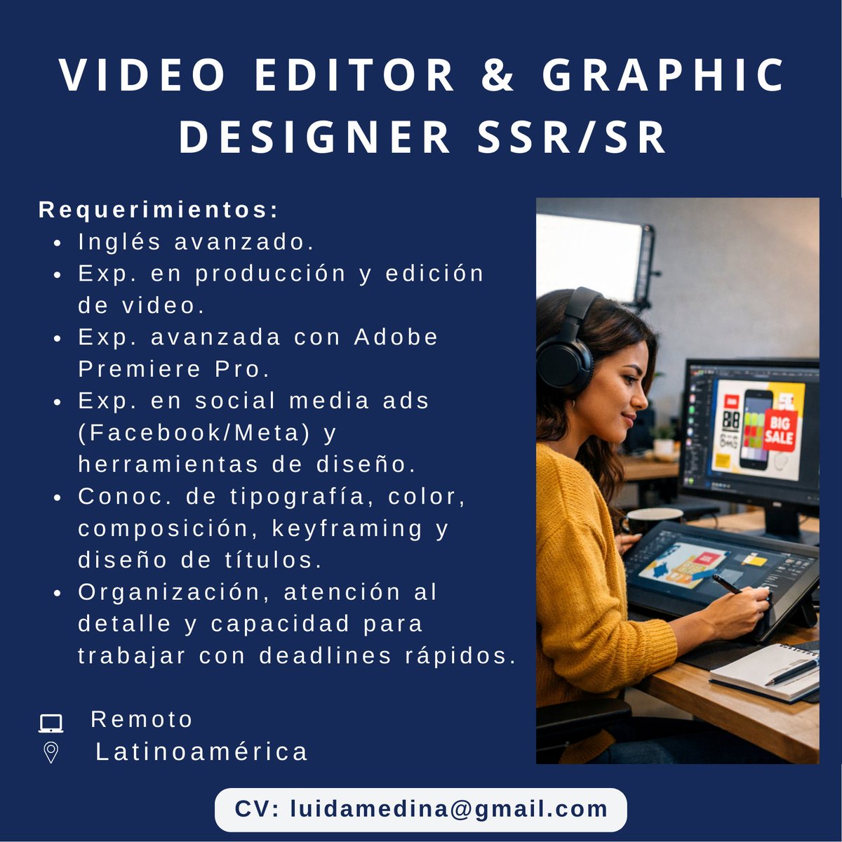 📢 Oportunidad Laboral | #Latinoamérica
Si tenés experiencia como Video Editor &amp; Graphic Designer y te gustaría crecer profesionalmente en un entorno remoto y dinámico. 
📩Postúlate y comparte tu portfolio.
#Hiring #VideoEditor #GraphicDesigner #RemoteJobs #LATAMJobs #CreativeJob