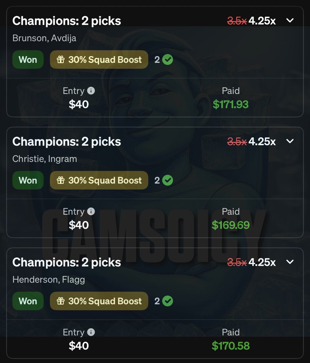 camsoicy's tweet image. Underdog Full Sweep 3-0🧹🧹🧹100💚+💬+🔄I drop for today +975 BANG🧊

Up +$1,000 (90% ROI) so far this week alone.. INSANE🤯

10 open spots for 50% Off be quick!: dubclub.win/r/p/pri-nnqm6/…

Brunson✅
Avdija✅
Christie✅
Ingram✅
Henderson✅
Flagg✅

#Gambling𝕏 #prizepicks #locks