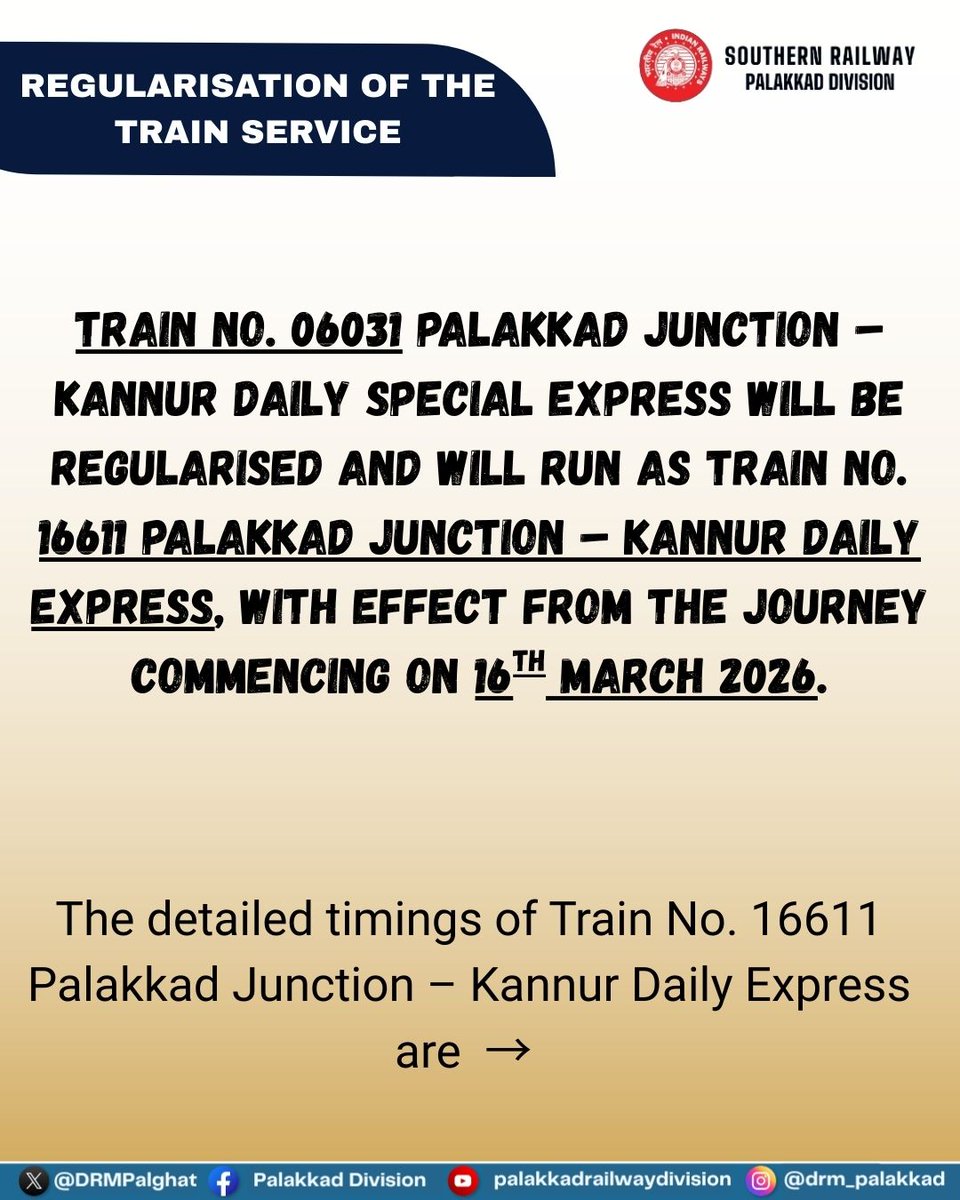 DRMPalghat's tweet image. A step towards better connectivity 🌍🚆

To enhance passenger convenience, the following special train services are now regularised, bringing more dependable travel options for everyone.

#IndianRailways #SouthernRailway #RailUpdate #PassengerUpgradation #RailInfo