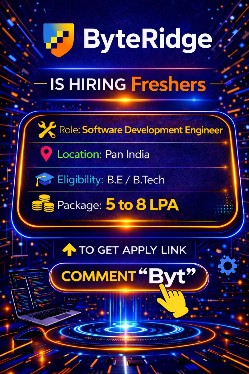 AkshayKumar_JAK's tweet image. #Fresher Openings for #Software Engineer roles:

Byteridge is hiring #Freshers for #Software Development Engineer.

Location: Pan India

Eligibility:
- B.Tech (2026 Batch) – Freshers
- Specialisation in Computer Science, IT, ECE, EEE, or any other engineering