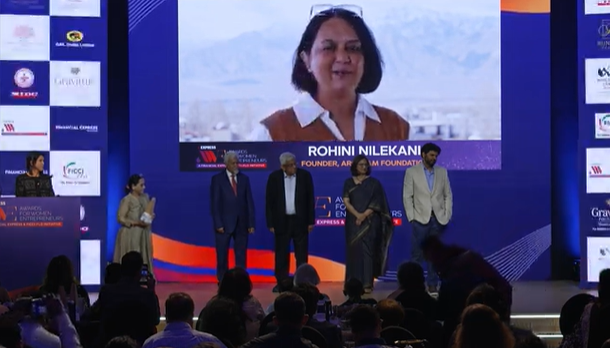 FinancialXpress's tweet photo. #ExpressAWE2026 | “An award like this simply cannot happen without civil society organisations that are doing the patient work of improving people’s lives. Thank you, Indian civil society,” said Rohini Nilekani, winner in the Social Impact category. https://t.co/Sz0YoXB4a1