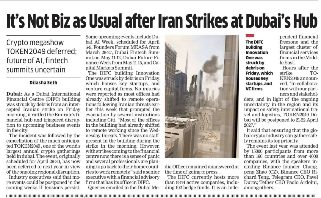 dilasha's tweet image. #Dubai’s war shockwaves are reaching its #business calendar. After debris from an intercepted Iranian strike hit a DIFC building, the flagship crypto summit @token2049 has been postponed, and the future of other upcoming events remain uncertain amid regional disruption. 
#Day15