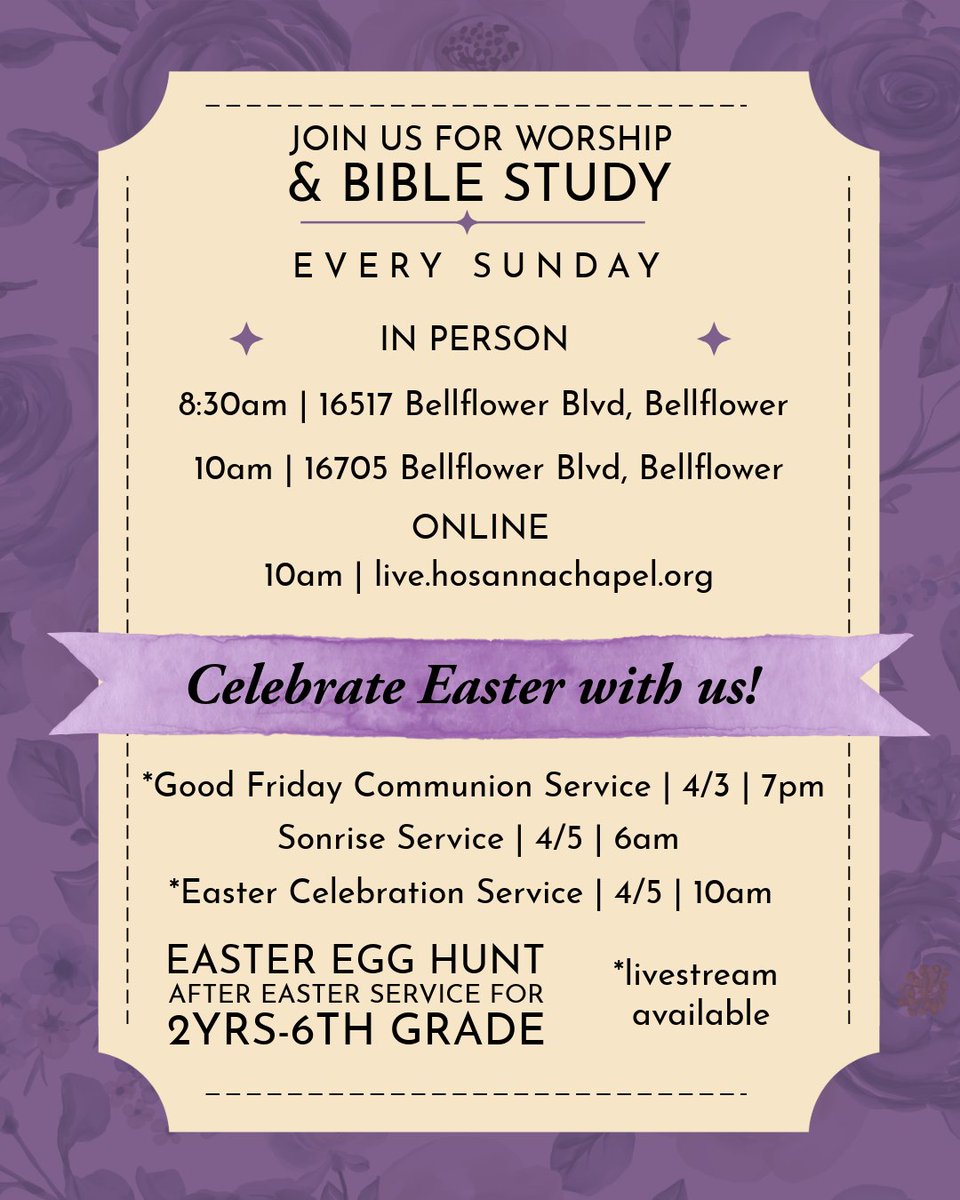 hosannacf's tweet image. Join us for worship and Bible Study every Sunday. And come Celebrate Easter with us at our additional services!

#Easter #ResurrectionSunday #YourInvited #ChurchesinBellflower #HosannaChristianFellowship