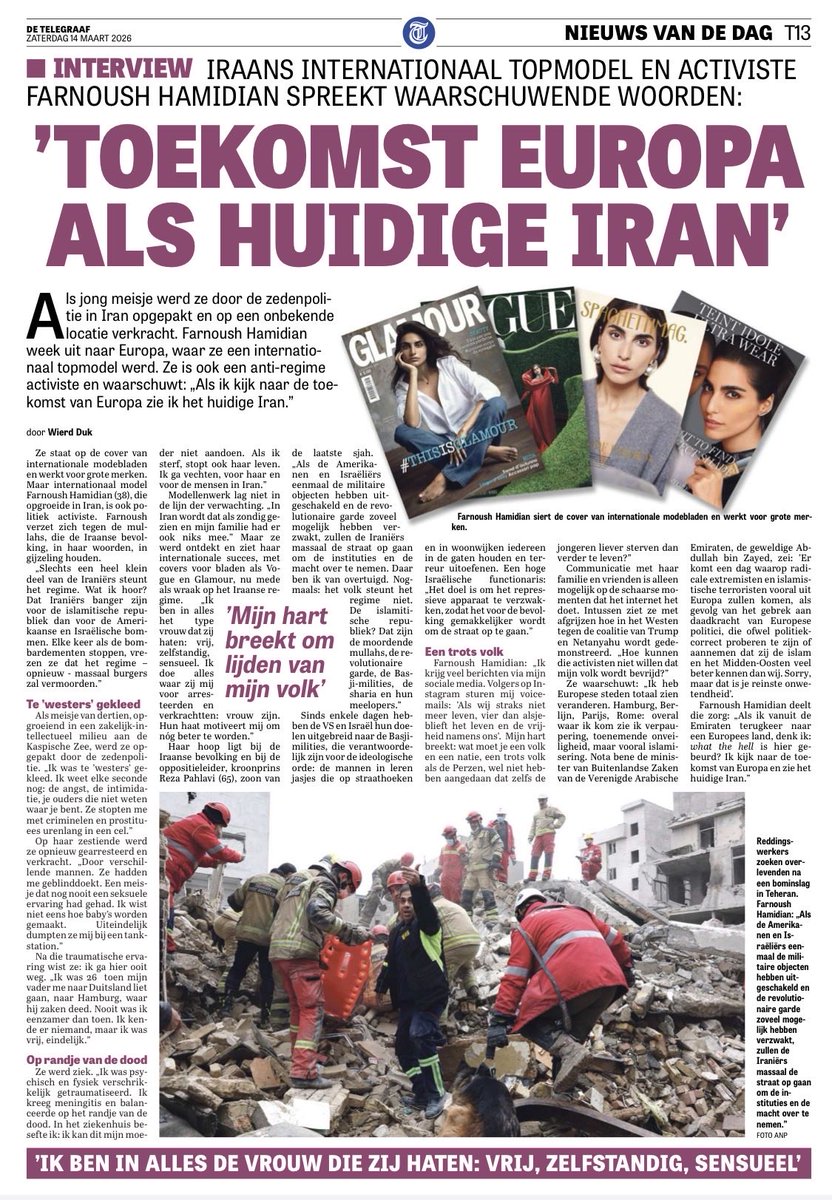 Leesvoer: onderstaand interview met het Iraanse topmodel Farnoush Hamidian, die de onvoorstelbare hel van het islamitische regime overleefde en ontvluchtte. 

Iedere Nederlander die nog altijd de ogen en oren sluit voor de teloorgang van onze vrijheden én voor de ondergang van de