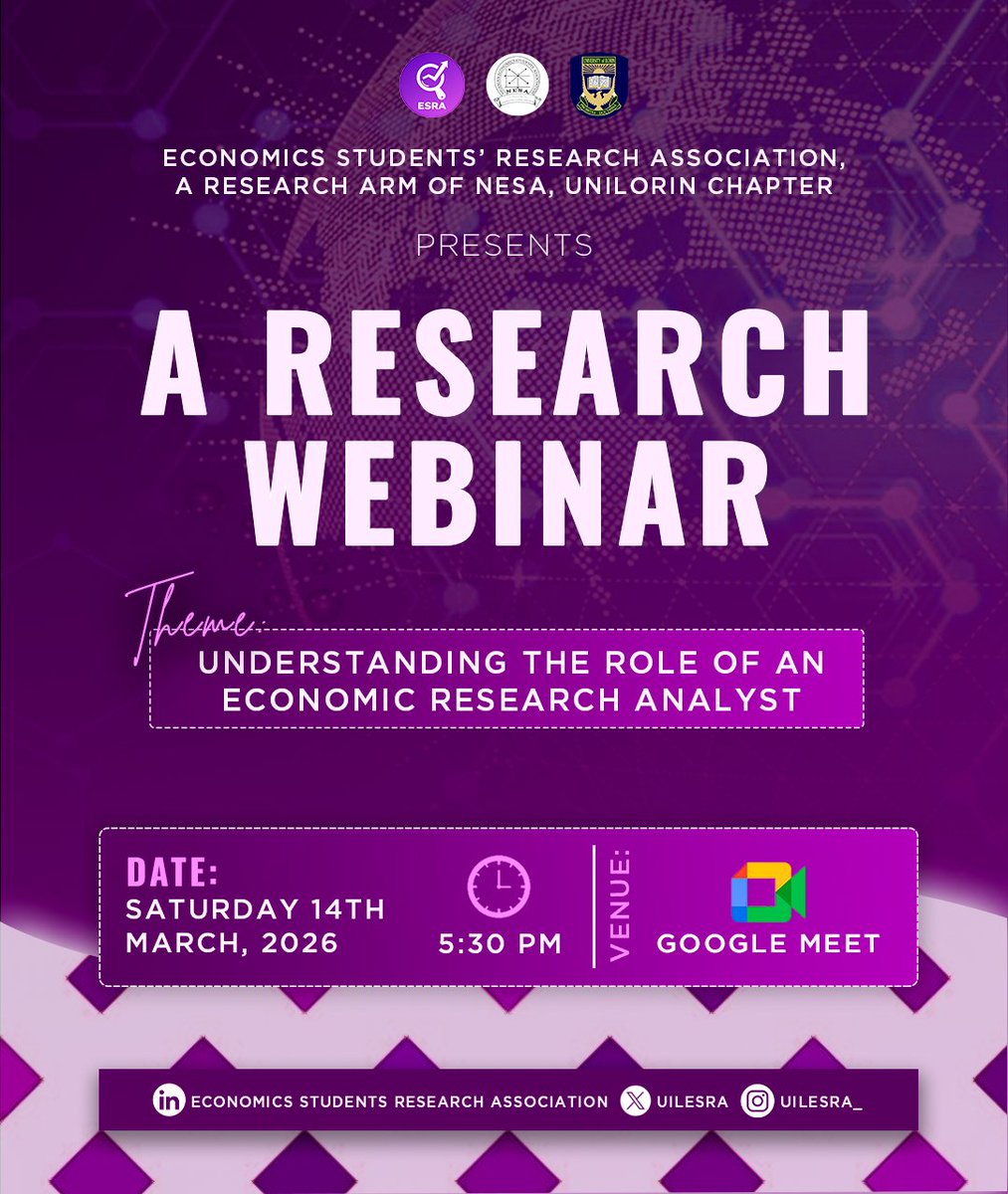UILESRA's tweet photo. SET YOUR TIME...5:30 TODAY!!🔥🔥

This webinar will open your eyes to the impact and influence behind the data.

*THEME: UNDERSTANDING THE ROLE OF AN ECONOMIC RESEARCH ANALYST*

🗓 Saturday 14th March, 2026
⏰ 5:30 PM
📍 Venue: Google Meet https://t.co/XRGB2VaeBc