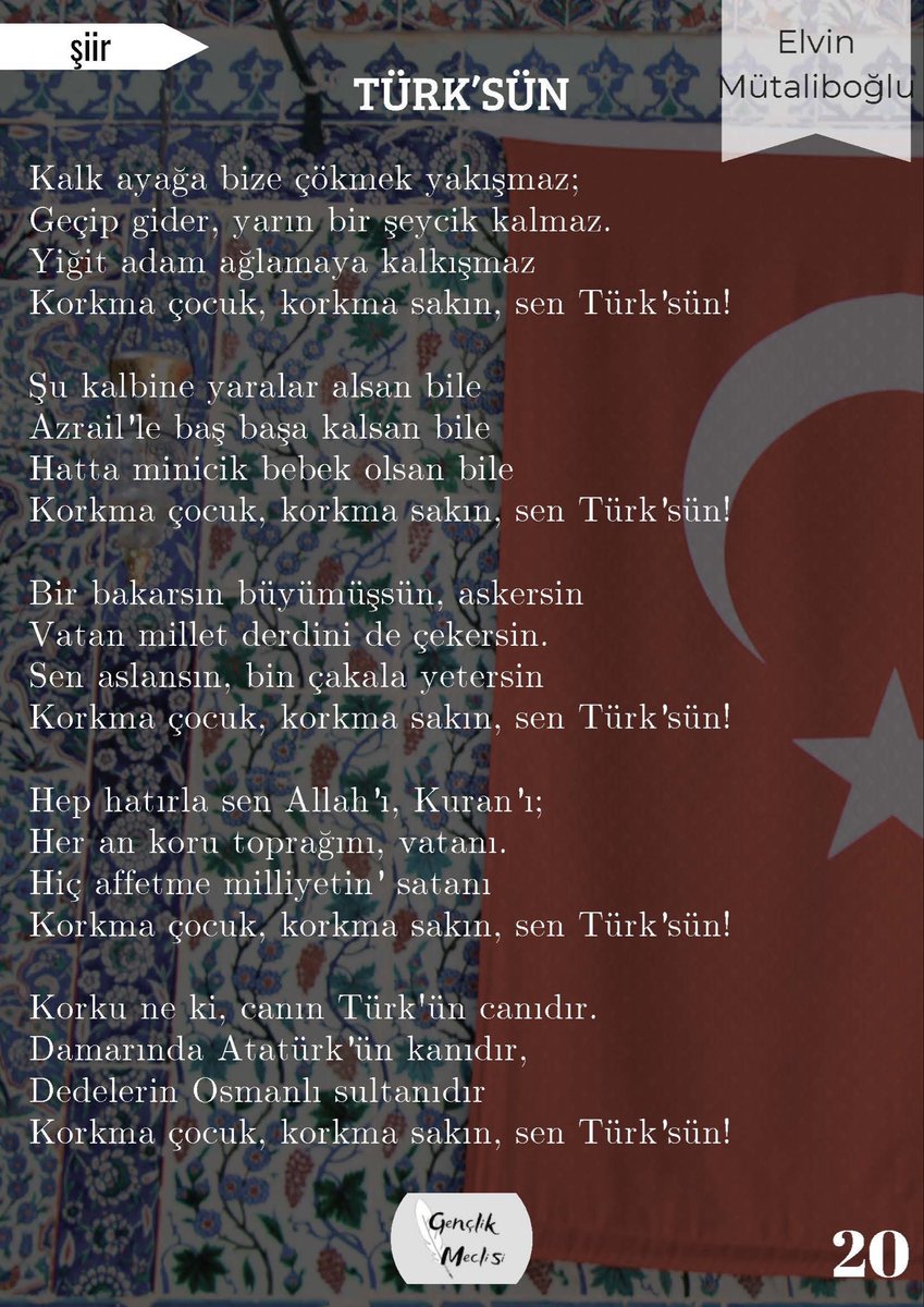 “Gençlik meclisi” dergisinin 9 sayında “Türk’üm” şiirim Mart 2026