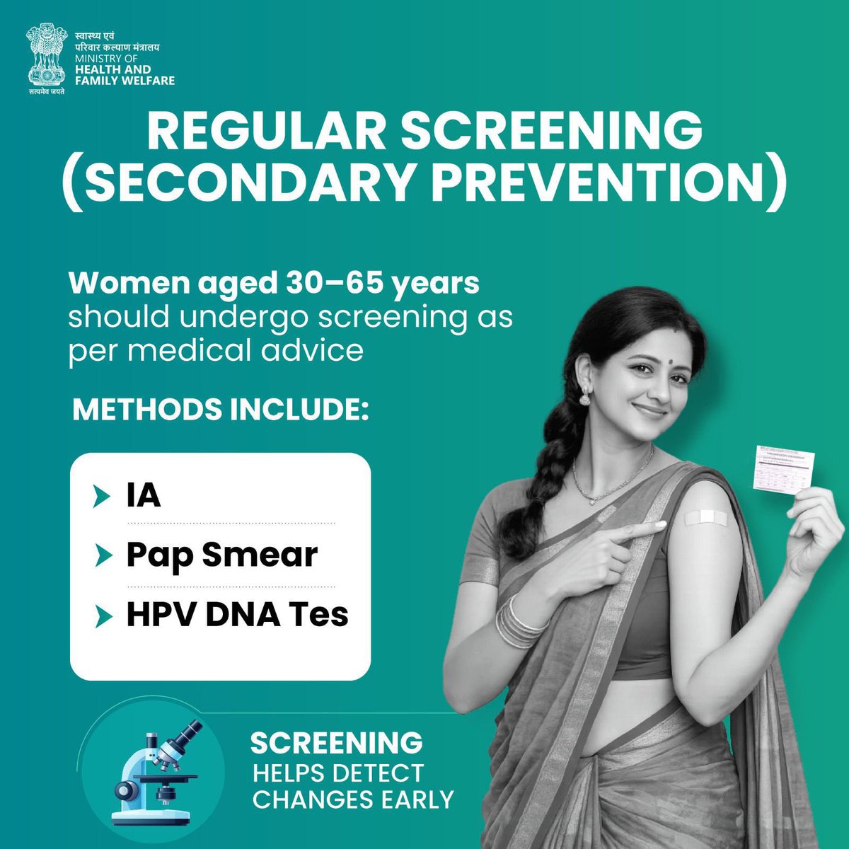MoHFW_INDIA's tweet photo. Cervical cancer is preventable. 

HPV vaccination for young girls and regular screening for women ensure early protection and early detection, reducing risk and strengthening women’s health.

Protect early, screen regularly, and stay one step ahead.

#CervicalCancerPrevention
#CervicalCancer