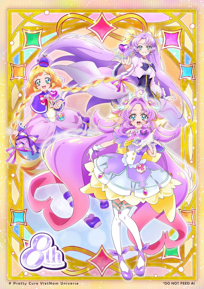 Reihiri_'s tweet photo. Our fanpage in Vietnam decided to draw these 3 characters to celebrate our 8th anniversary. Cure Answer is the newest lead Cure, Cure Friendy is the winner of the “Most Favorite Purple Pretty Cure” vote, Cure Elysian is one of the 5 characters created by our fanpage! 
#precure https://t.co/px61GHrVZ0