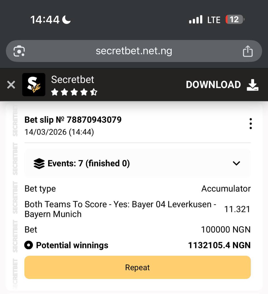 Code: UY1MF 

Link to code: secretbet.net.ng/user/coupon?lo…

Open secretbet here: slim.link/q5fF1Wk

Promo code: DAVIS EZE