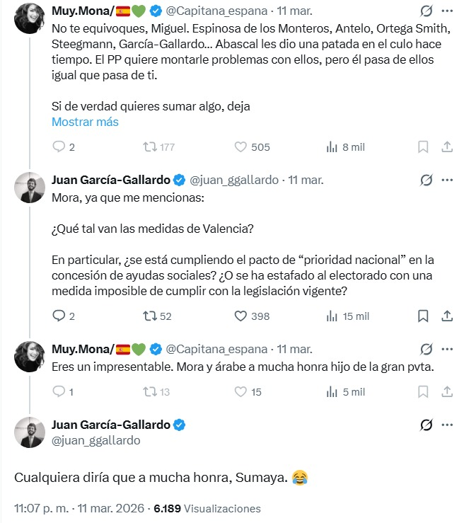 JulianMaciasT's tweet image. Está tranqui la cosa entre el trollcenter de VOX y los portavoces que están purgando.
Gallardo tiene razón que hasta que no se conoció que Muy Mona era norteafricana todos sus tuits eran atacando a los "moros" haciéndose pasar por española de origen.
