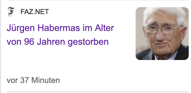 ActaKlonovsky's tweet photo. Schade. Ich hätte es ihm gegönnt, dass er noch weitere zehn Jahre jeden Tag in den Nachrichten über den tatsächlichen Wert seiner Lehre unterrichtet würde.
Man hat immer gestritten, ob seine Schriften nun unter Philosophie oder Soziologie rubriziert werden sollten. Richtig wäre: Fantasy.
Die Letzten, die heute noch an seine postnationales Kommunikationskuschelkollektiv glauben, dürften jene Verfassungsschützer sein, die den ethnischen Volksbegriff als verfassungsfeindlich verfolgen.
Ob Suhrkamp jetzt eine deutsche Übersetzung seiner Werke herausbringt?