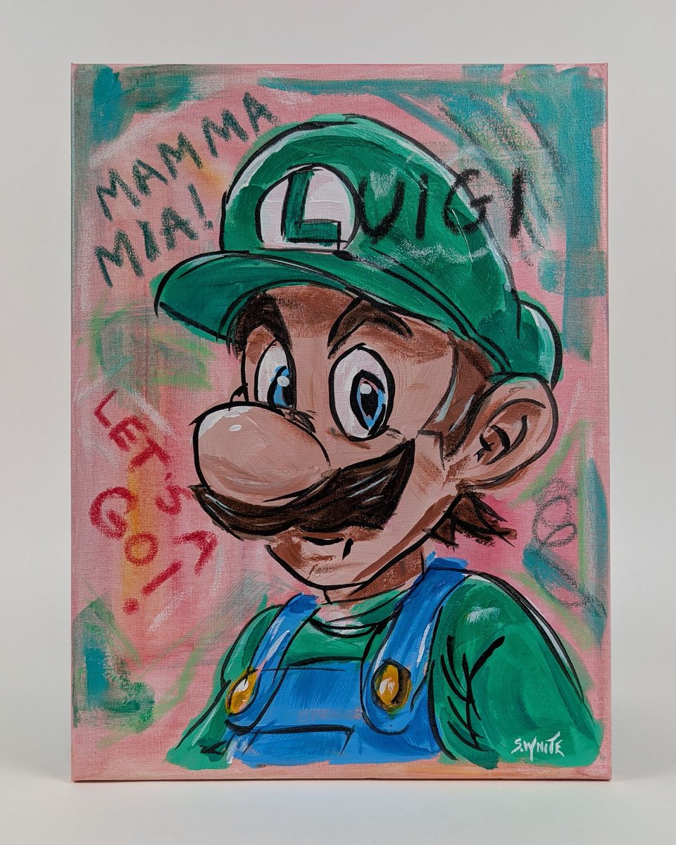 seekrbots's tweet photo. “Luigi Time”
It’s-a him! Luigi steps up with that wide-eyed “Mamma mia!” energy—green hat tilted, mustache on point, big blue eyes popping against the wild pink chaos, overalls ready for ghost-hunting or brotherly backup. Pure Nintendo heart, painted with bold, joyful strokes and a whole lot of “Let’s-a go!” spirit.
Acrylic on canvas – still scared, still brave, still Luigi.
12"x16"