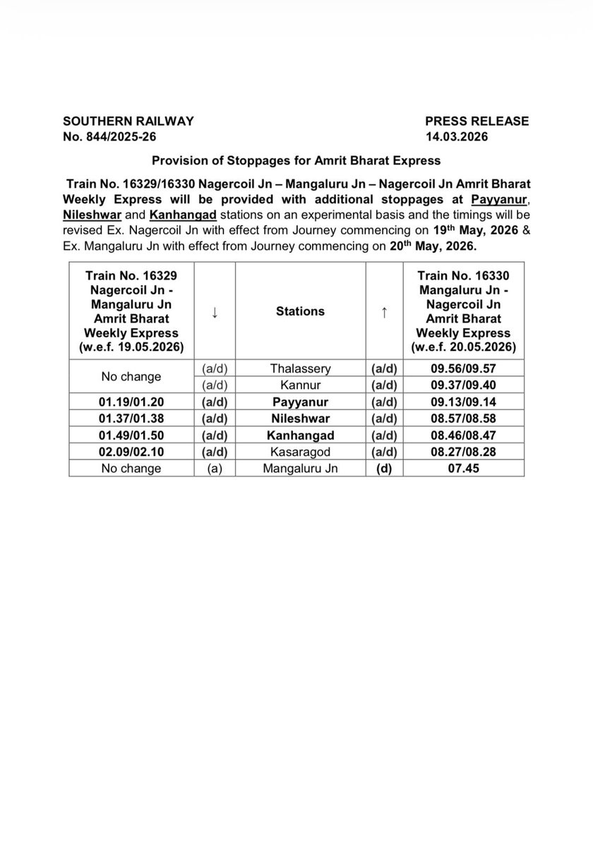 Provision of Stoppages for Amrit Bharat Express! Train No. 16329/16330 ...