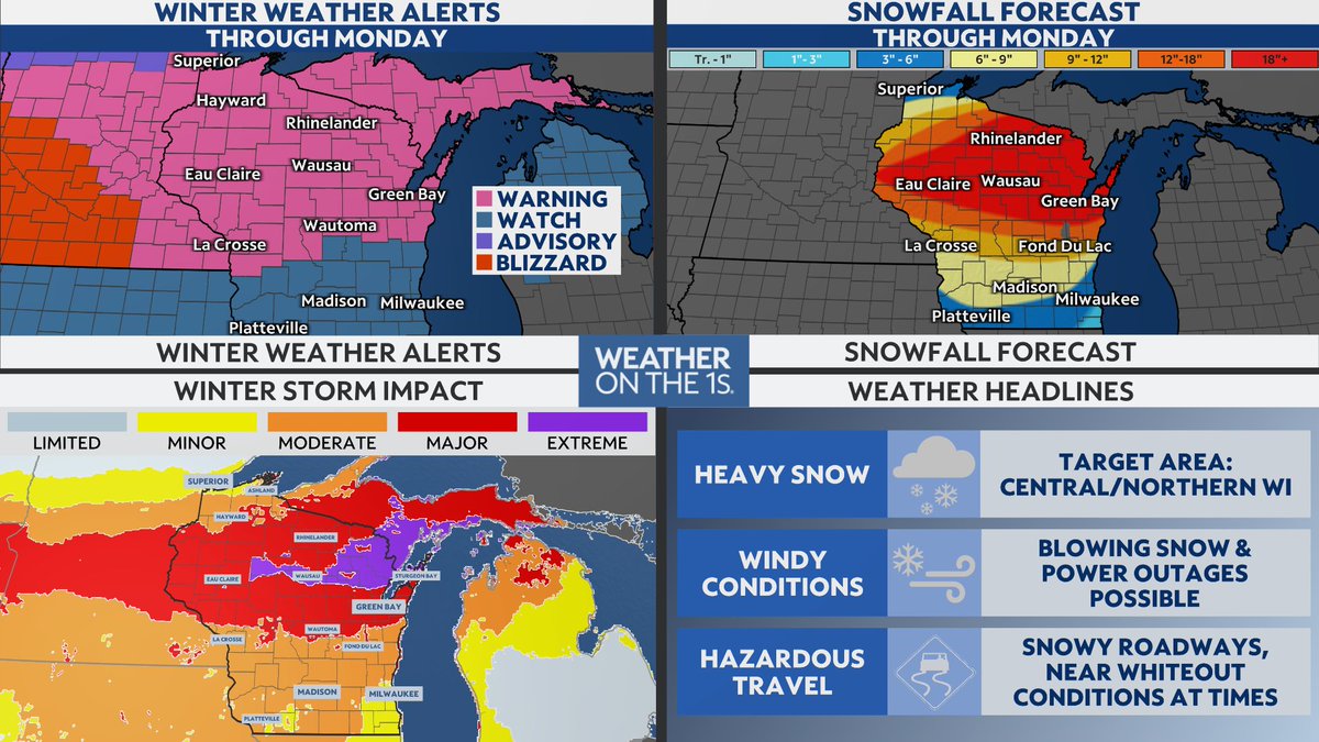 BrookeBrighton's tweet photo. Biggest impact will be near Eau Claire, Wausau, Rhinelander, Green Bay &amp; Door County.
Less impactful for southern WI due to starting off with rain early Sunday, but travel problems will start late Sunday evening into Monday with slick &amp; snowy roads along with reduced visibility. https://t.co/3pFTbLZXyr