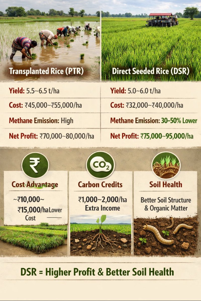 asmauryaiitr's tweet photo. Direct Seeded Rice (DSR) reduces cultivation cost by 20–30%, saves 20–30% irrigation water, and lowers methane emissions compared to conventional transplanted rice. Although yield may be slightly lower, overall profitability and improved soil.
@jdabureau @iitroorkee @CMOfficeUP https://t.co/YkptLQm4U6