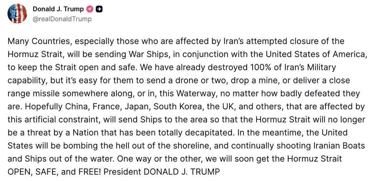 world_3_updates's tweet photo. 🚨🇺🇸 BREAKING | Trump says multiple countries will deploy warships alongside the United States to keep the Strait of Hormuz open. https://t.co/i5ufy7v52R