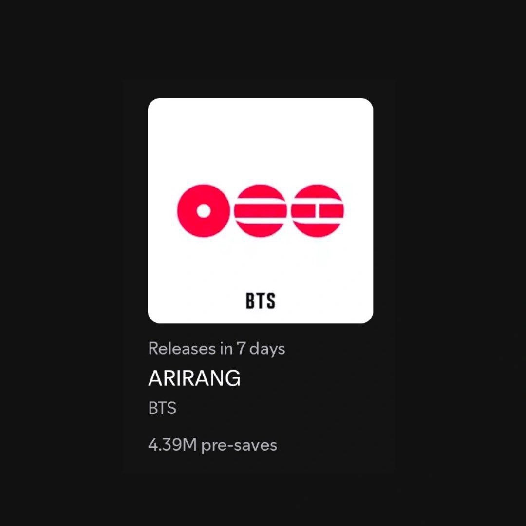 RT &amp; REPLY

#PreSaveARIRANG
#ARIRANG_5M_Presaves
#RoadTo5M_ARIRANG
#5MForARIRANG
#PresaveARIRANGNow
#ARMYsPresaveARIRANG
#LetsReach5M_ARIRANG
#ARIRANG_GlobalPresave
#PresaveGoal5M
#StreamAndPresaveARIRANG