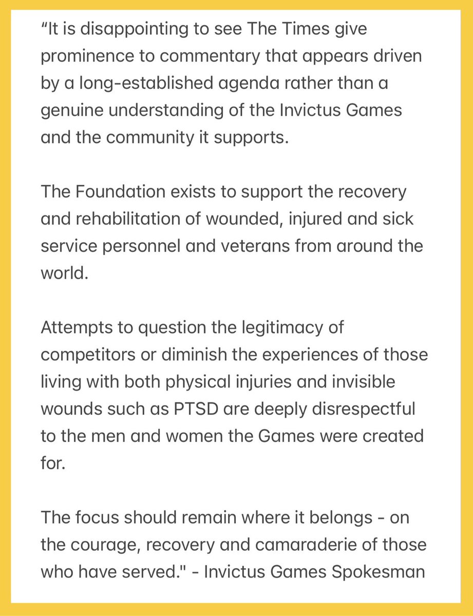 Imagine belittling and questioning the disabilities of Wounded and Sick Veterans who sacrificed for their country. 

“The focus should remain where it belongs - on the courage, recovery and camaraderie of those who have served.” - Invictus Games Foundation 

#WeAreInvictus 💛🖤