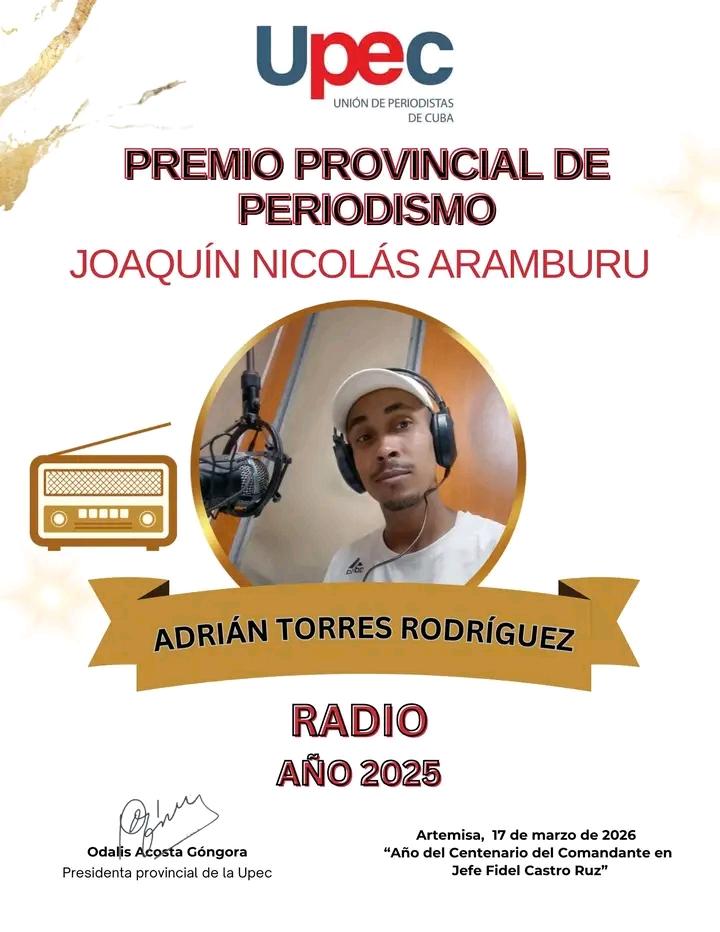 En el #DiaDeLaPrensaCubana destacamos a nuestro colega Adrian Torres Rodríguez por el Premio Provincial de Periodismo Joaquín Nicolás Aramburu, en la categoría Radio.
<a href="/Adrian_TorresR/">F5 Actualízate</a> 
<a href="/dirariguanabo/">Dirariguanabo</a>