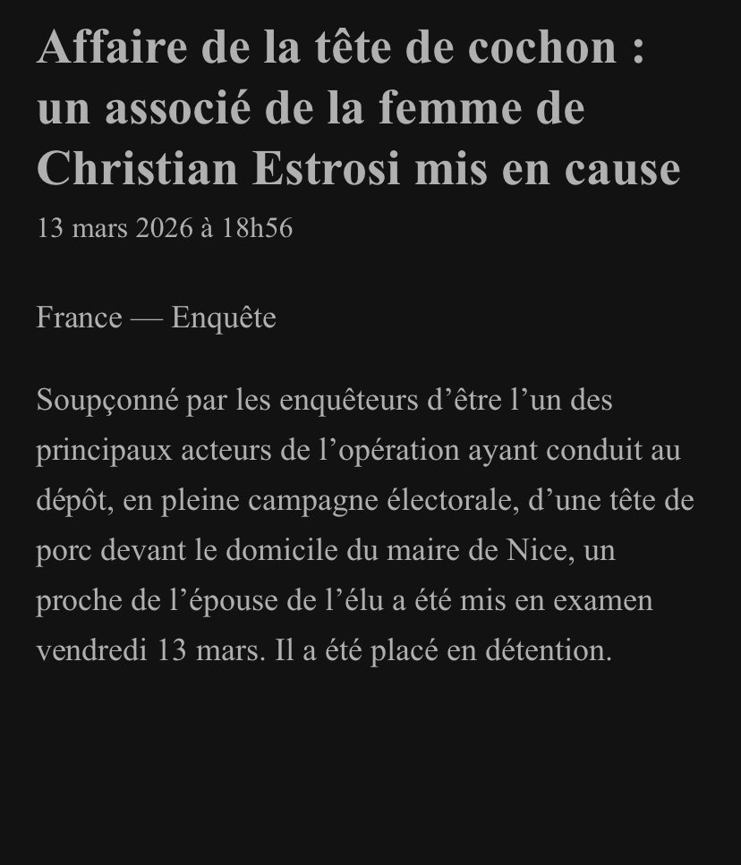 L’associé de la femme de Christian Estrosi, Laura Tenoudji, de confession juive, a été mis en examen et incarcéré pour avoir organisé l’opération false flag antisémite tête de porc + étoile de David et insultes devant le domicile de <a href="/cestrosi/">Christian Estrosi</a> ! 

Un scandale politique majeur!!!