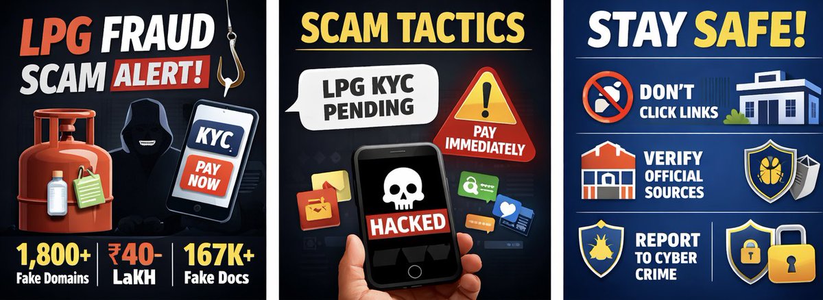snsmehta's tweet photo. ♦️ Cyber Alert: LPG Fraud Scams on the Rise in India

Amid LPG shortage fears, cybercriminals are exploiting panic with fake messages like “LPG KYC pending” or “Immediate payment required.” 

Don’t click unknown links for KYC and don’t share OTP’s without verifying! https://t.co/Jy4S1tlVCD