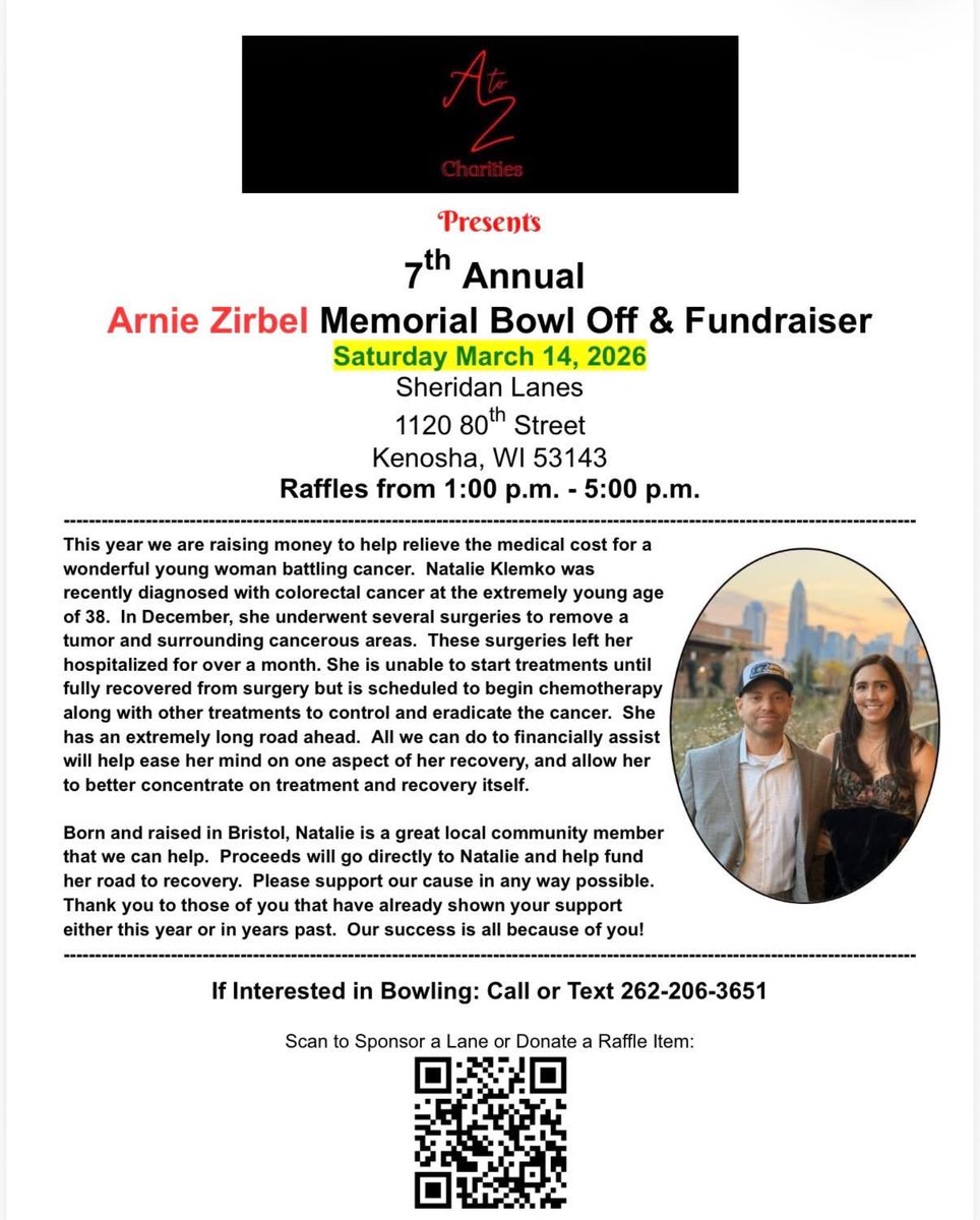 billbalogracing's tweet photo. For those local that would like to support Natalie’s cancer treatment, 𝗧𝗢𝗗𝗔𝗬 is the fundraiser at Sheridan Lanes in Kenosha! 💛🎳 

If you can’t make it but would still like to support you can through the QR code on the flyer or message us for an address to mail a check. https://t.co/ln7XXVMp6G
