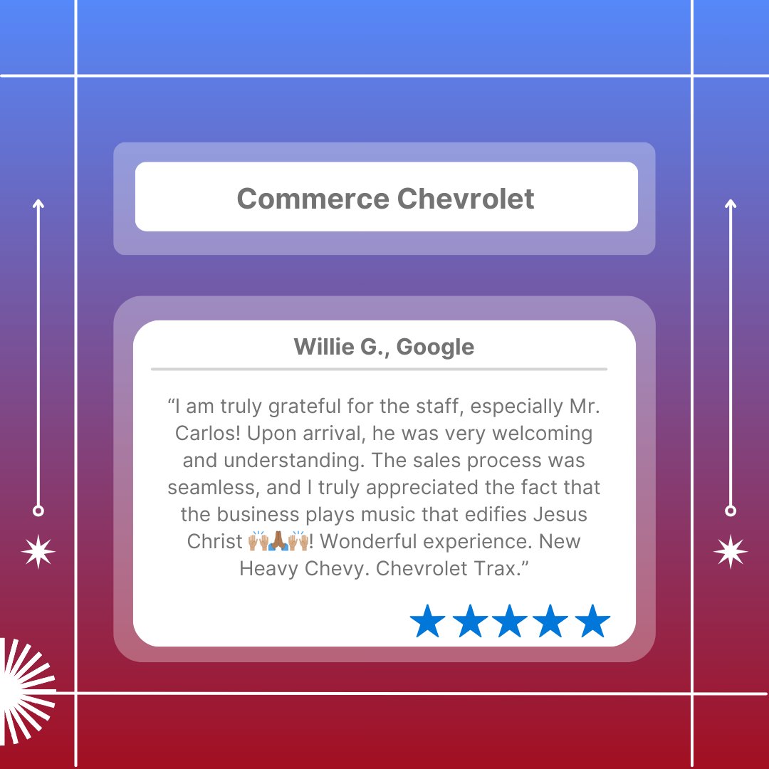 Commerce_Chevy's tweet photo. We’re so happy your experience was seamless and welcoming, Willie. Carlos and our team love creating a positive and uplifting environment, and it’s wonderful to hear it made your Chevrolet Trax purchase memorable. https://t.co/7PU2fHTaii