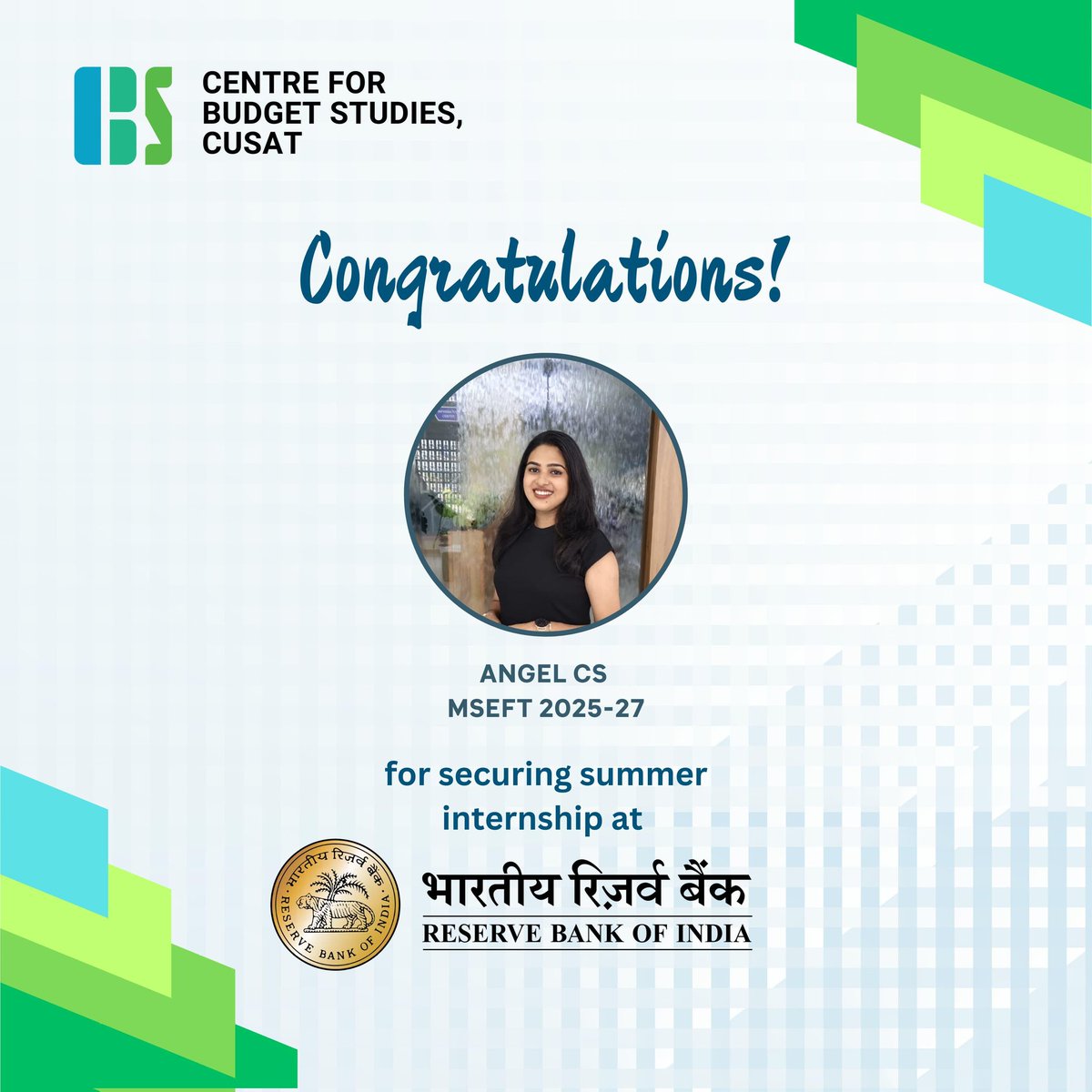 Heartfelt congratulations to Angel CS (MSEFT 2025–27), Centre for Budget Studies, CUSAT for securing the prestigious summer internship at the Reserve Bank of India.
This remarkable achievement reflects dedication and academic excellence.
#CBS #CUSAT #RBI