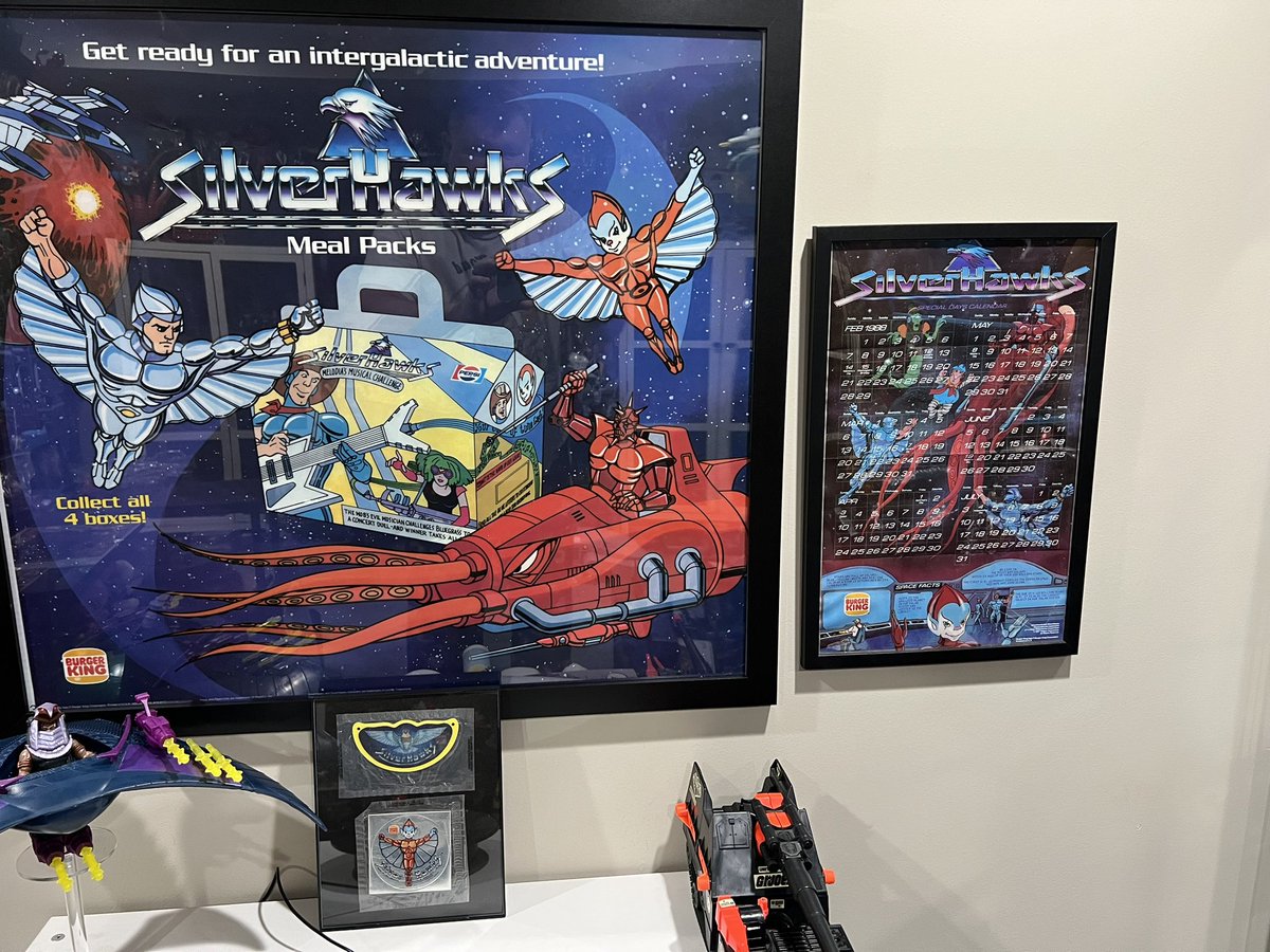 Toyhuntersholl2's tweet photo. Our @BurgerKing Silverhawks translite has been hung up! Now....there were prints there before, the hooks were there, so that's why the Centurions is askew
Alongside are the Burger King Silverhawks Calenders, below are the two sticker/reflectors
#silverhawks #bugerking #kenner https://t.co/EzMTSSm6Ok