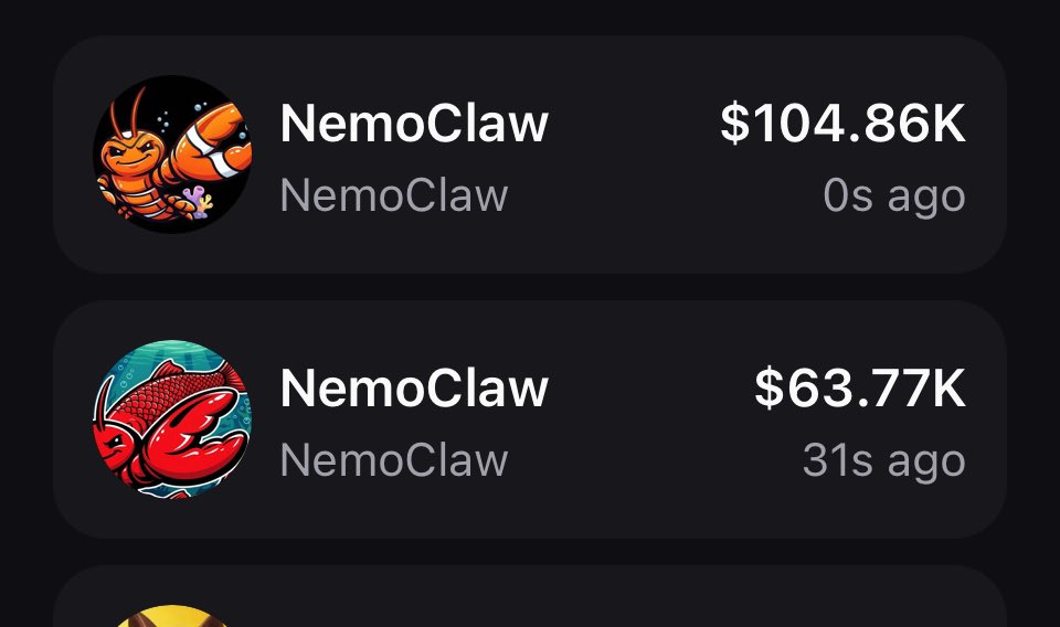 It's just a matter of hours before the $nemoclaw with all the value, utility, tokenomics, doxxed dev and massive news incoming, blasts past the 'meme'

Pick your boat....,

tTJj3mquBmzSYM8VwCxmp1c2AhQCjidQ5DdCdL4pump