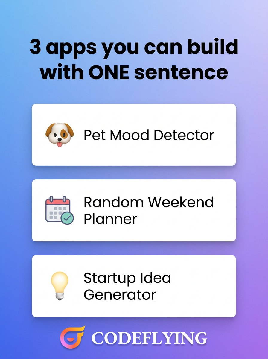 CodeFlyingAI's tweet photo. You don't need to code to build web apps anymore.

Just describe it.

3 apps you can build in seconds:

🐶 Pet Mood Detector
🎲 Random Weekend Planner
💡 Startup Idea Generator

Built with AI → https://t.co/yZyHDbp9up https://t.co/EYVYUOPqea