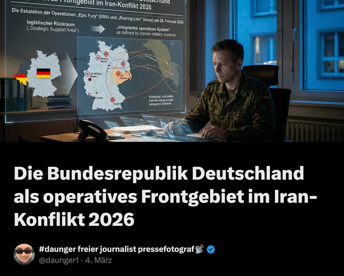 daunger1's tweet photo. Aktuell gibt es aus Moskau eine Reisewarnung für Deutschland - natürlich für russische Staatsbürger.
Alle anderen in DEU sollten das aber auch #wachsam einordnen und die Reichweiten der iranischen Rakten in ihre Vorsorgemaßnahmen einbeziehen.
Die ballistischen Raketen mit der größten Reichweite des Iran sind die "Khorramshahr" und "Sajil". Ihre Reichweite wird auf 2.000 Kilometer geschätzt.
Wir sollten uns aber dadurch nicht in Sicherheit wiegen. Denn meist legt man sich den großen "Burner" für das Entspiel auf Lager....
Uniformtragewarnung der NATO in Europa
Grund der Warnung: Die NATO hat die Gefährdungsstufe für ihre Einrichtungen erhöht, da eine erhöhte Anschlagsgefahr auf Soldaten im öffentlichen Raum befürchtet wird. Hintergrund sind die aktuellen militärischen Eskalationen im Iran-Krieg.
Inhalt der Anweisung: Militärangehörige wurden angewiesen, ihre Uniformen nur noch für den direkten Dienstweg oder innerhalb militärischer Liegenschaften zu tragen. In der Öffentlichkeit soll auf das Tragen von Uniformen sowie auf alles verzichtet werden, was die Personen eindeutig als Militärangehörige identifizierbar macht.
Betroffene Gebiete:
Die Warnung gilt insbesondere für NATO-Standorte in Europa. Beispielsweise hat die USAG Stuttgart entsprechende Sicherheitswarnungen für ihre Soldaten und Zivilbeschäftigten herausgegeben.
Kontext:
Die Warnung folgt auf Vorfälle wie den Abschuss einer iranischen Rakete über türkischem Luftraum durch NATO-Abwehrsysteme am 4. März 2026. Da die USA und ihre Verbündeten ihre militärischen Operationen in der Region intensivieren, wird das Risiko von Vergeltungsschlägen oder Einzeltäter-Attacken in Europa als hoch eingestuft.
Die Eskalation der Operationen „Epic Fury“ (USA) und „Roaring Lion“ (Israel) am 28. Februar 2026 hat die strategische Rolle der US-Militärinfrastruktur in Deutschland grundlegend transformiert. Während Deutschland historisch als logistischer Rückraum („Strategic Support Area“) fungierte, betrachtet die iranische Militärdoktrin das US-Stützpunktnetzwerk mittlerweile als „integriertes operatives System“. Dies macht deutsche Standorte zu primären Zielen für iranische Fernwaffen.
1. Bedrohungsprofil:
Iranische Fernwaffen-Kapazitäten 2026
Das iranische Raketenprogramm hat bis 2026 technologische Schwellen überschritten, die Zentraleuropa in den Wirkungsbereich kinetischer Schläge rücken.
Ballistische Bedrohung: Die Khorramshahr-4-Serie erreicht bei reduzierter Nutzlast Reichweiten von bis zu km, was Berlin und die US-Cluster in Rheinland-Pfalz abdeckt.
Asymmetrische Sättigung:
Iran nutzt massierte Salven von Shahed-136-Drohnen (Reichweite 2.500 km), um Luftverteidigungssysteme zu sättigen, bevor schwere MRBMs (Medium-Range Ballistic Missiles) wie die Sejjil-Serie einschlagen.
Hyperschall-Vektor: Das Fattah-2-System ermöglicht durch unvorhersehbare Manöver in der Endphase das Unterlaufen konventioneller Radar-Algorithmen, was die Vorwarnzeit auf wenige Minuten reduziert.
2. High-Value Targets (HVT) und operative Knotenpunkte
Die iranische Zielplanung priorisiert Einrichtungen, die für die US-Machtprojektion im Nahen Osten unverzichtbar sind:
Ramstein Air Base (Logistik & C2):
Als Hauptquartier der USAFE-AFAFRICA und NATO Allied Air Command ist Ramstein der zentrale Knotenpunkt für die Luftbrücke in das Einsatzgebiet. Zudem fungiert die Basis als unverzichtbare Relaisstation für die Steuerung der US-Drohnenflotte.
Stuttgart (Strategische Führung):
In den Patch und Kelley Barracks befinden sich die Oberkommandos EUCOM und AFRICOM. Ein Schlag gegen Stuttgart würde die Koordination zwischen den USA, der NATO und Israel (insbesondere bei der Aegis-basierten Raketenabwehr) lähmen.
Wiesbaden (Multi-Domain Task Force):
Die Stationierung von Tomahawk-Marschflugkörpern (1.600+ km Reichweite), SM-6-Raketen und dem hyperschallfähigen „Dark Eagle“ (LRHW) in der Lucius D. Clay Kaserne macht Wiesbaden aus iranischer Sicht zu einer aktiven Offensivstellung.
3. Die nukleare Dimension und strategische Logistik
Büchel: Die im Rahmen der nuklearen Teilhabe gelagerten B61-12-Präzisionsbomben sind primäre Ziele für eine präventive iranische Entwaffnungsstrategie. Ein Treffer auf die dortige Infrastruktur birgt ein extremes Risiko radiologischer Kontamination für die Zivilbevölkerung.
Landstuhl Regional Medical Center (LRMC):
Als einziges Level-1-Traumazentrum außerhalb der USA ist Landstuhl das Nadelöhr für die medizinische Evakuierung aus dem Nahen Osten. Eine Neutralisierung dieses Standorts würde die US-Fähigkeit zur Versorgung von Schwerverwundeten innerhalb der „Golden Hour“ zerstören.
4. Defensive Architektur und Schwachstellen
Deutschland begegnet dieser Bedrohung durch eine mehrlagige Verteidigung :
Arrow 3: Das israelisch-amerikanische System bildet die oberste Schicht und fängt MRBMs in der exosphärischen Phase in Höhen von über 100 km ab.
Punktverteidigung: Patriot PAC-3 und IRIS-T SLM schützen spezifische HVTs gegen Marschflugkörper und SRBMs im Endanflug.
Limitationen: Trotz einer Abfangrate von 90-95 % zeigen Erfahrungen aus dem Konflikt 2026, dass massive Drohnenschwärme („Leaker“) die Abwehr durch schiere Masse durchbrechen können.
Fazit für die militärische Führung
Die Bundesrepublik Deutschland ist im Jahr 2026 kein rückwärtiges Gebiet mehr. Die Integration von Offensivkapazitäten der 2. Multi-Domain Task Force und die kritische Rolle der logistischen Hubs haben Deutschland zu einem legitimen Ziel iranischer Strategie gemacht. Die Verteidigungsplanung muss über den rein militärischen Objektschutz hinausgehen und die Widerstandsfähigkeit der zivilen Infrastruktur sowie die psychologischen Auswirkungen von „Leakern“ in urbanen Zentren berücksichtigen.
Dieser Artikel samt Grafik wurde KI Gemini Pro generiert auf Grundlage von gezielten Promtingaufträgen und kann Fehler enthalten.
#daunger https://t.co/CQYWJP6CnI