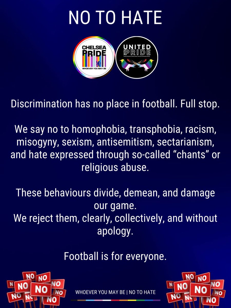 ChelseaPride_'s tweet photo. At todayโs game if you see or hear discriminatory behaviour of any nature, report it directly to the club https://t.co/GZI7qZjkLw followed by details of the incident, or report it to Kick It Out. https://t.co/1kPeE7xnEJ.
#NoToHate | #WhoeverYouMayBe | #ReportIt ๐ณ๏ธโ๐โฝ๏ธ๐ณ๏ธโโง๏ธ https://t.co/JYRvhDait2