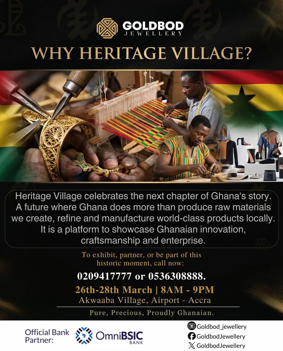 Why Heritage Village?

Join us and experience gold, culture, and craftsmanship in one place.

#HeritageVillage
#GhanaMonth
#GoldbodJewellery
#PurePreciousProudlyGhanaian