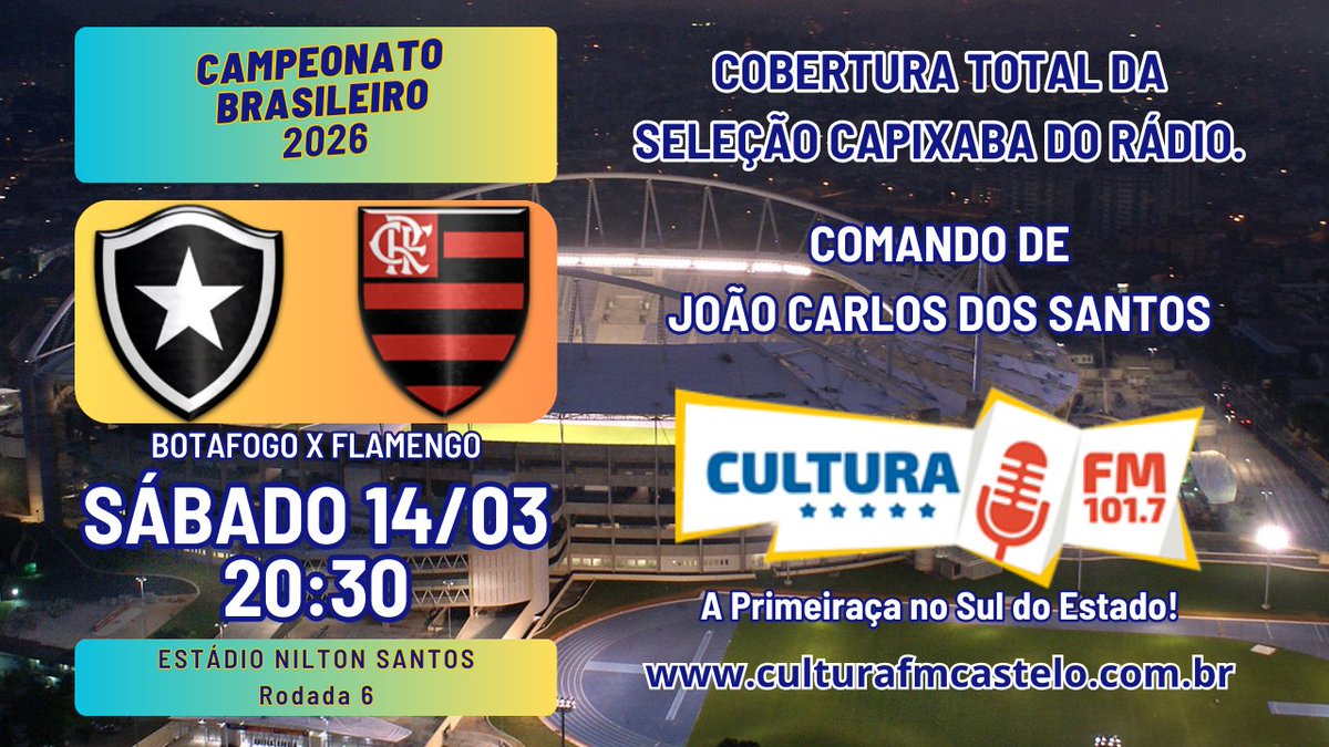 Neste sábado, estarei na reportagem de #Botafogo x #Flamengo, pela Rodada 6 do #Brasileirão.

20:30, na Rádio Cultura FM de Castelo 101,7. Não perca!

culturafmcastelo.com.br