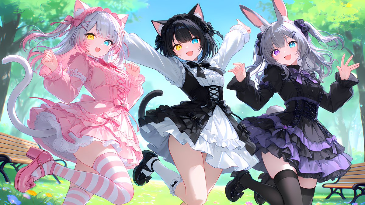 #今日のリッターズ
#PSO2NGS_SS
#AIイラスト︎︎
#AIart︎
チムメンと仲良くジャンプしてる絵～(((o(*ﾟ▽ﾟ*)o)))
難易度が高い3人オッドアイも成功しているよ！