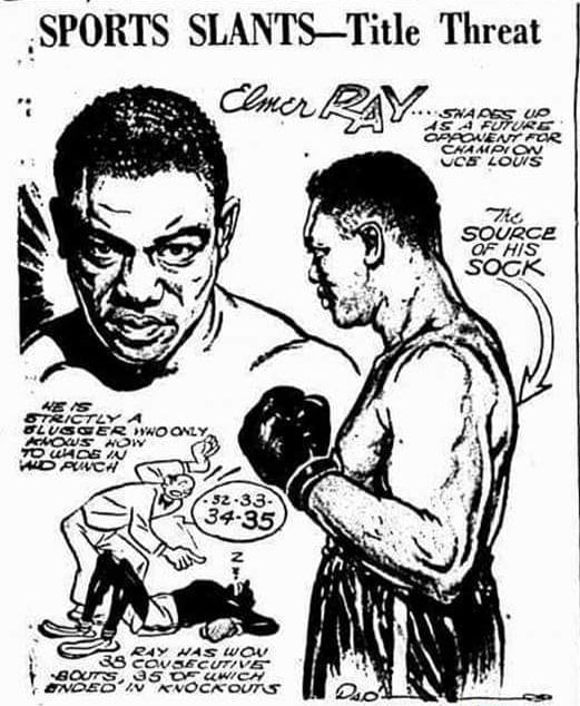 HVYWeightHeroes's tweet image. Newspaper cartoon boosting 1930's &amp;amp; 40's contender Elmer "Violent" Ray, an all-time great puncher who notched wins over Jersey Joe Walcott, Ezzard Charles, Lee Savold and Turkey Thompson. Ray was also famous for wrestling alligators. #Heavyweight #History #Boxing #Legend