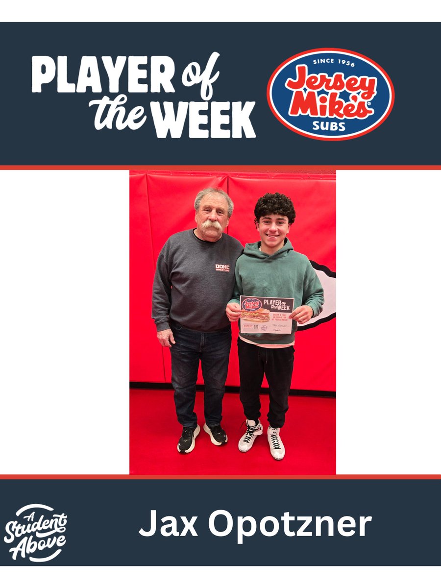 Congratulations to our Winter Week 4 (Jan 5th-Jan 11th) Jersey Mike's "A Sub Above" male player of the week, Sophomore, Jax Opotzner! Who will be the next male player of the week? Stay tuned!

<a href="/DerbyRedRaider/">Derby High School</a> <a href="/RedRaiderCT/">MaskedRedRaider</a>