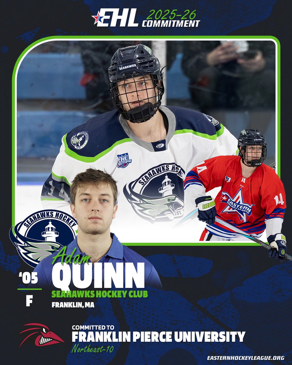 EHL_Hockey's tweet photo. Adam Quinn Commits to Franklin Pierce University

Seahawks All Star Forward to join Ravens for the 2026-2027 Season

🔗: https://t.co/va6n0p1gg7

#WherePlayersComeFirst | #DevelopPromoteAdvance https://t.co/14tVzfzB4n
