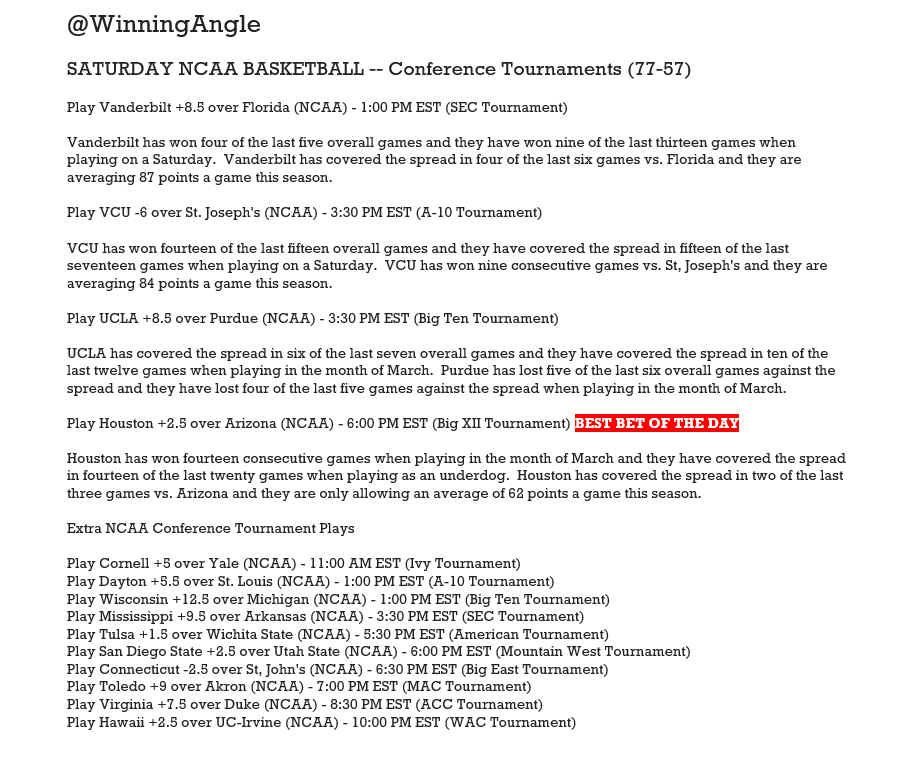 WinningAngle's tweet image. SATURDAY NCAA HOOPS 🏀- Here are my plays and analysis for today.  Let's have some fun, enjoy this great day of games, and get these winners!! #NCAAB #ChampWeek