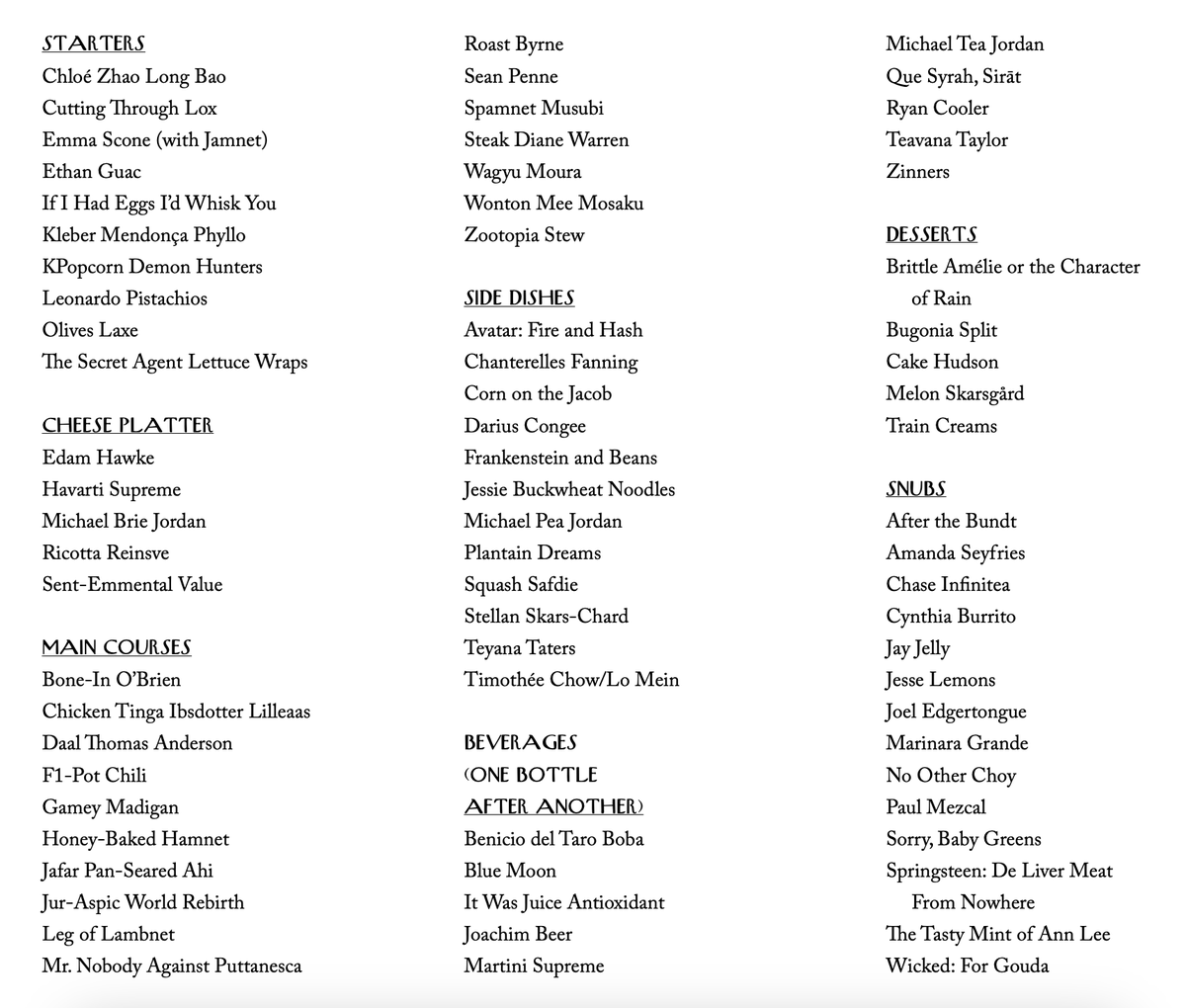 Behold! My 2026 Academy Awards menu, full of #Oscar-themed options for breakfast, lunch and Sinners. 

As always, I'd like to thank the Academy — and my wife, for being the best editor and partner in pundom.