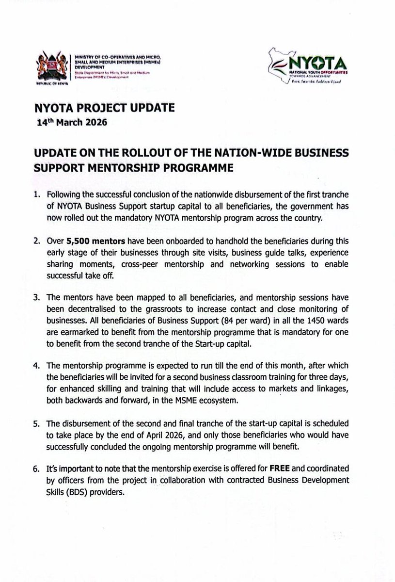 NYOTA_Kenya's tweet photo. 📌 UPDATE ON THE ROLLOUT OF THE NATION-WIDE BUSINESS SUPPORT MENTORSHIP PROGRAMME #KuzaImarishaEndelezaVijana #NYOTAPROJECTKE https://t.co/fKGDYOoZ38
