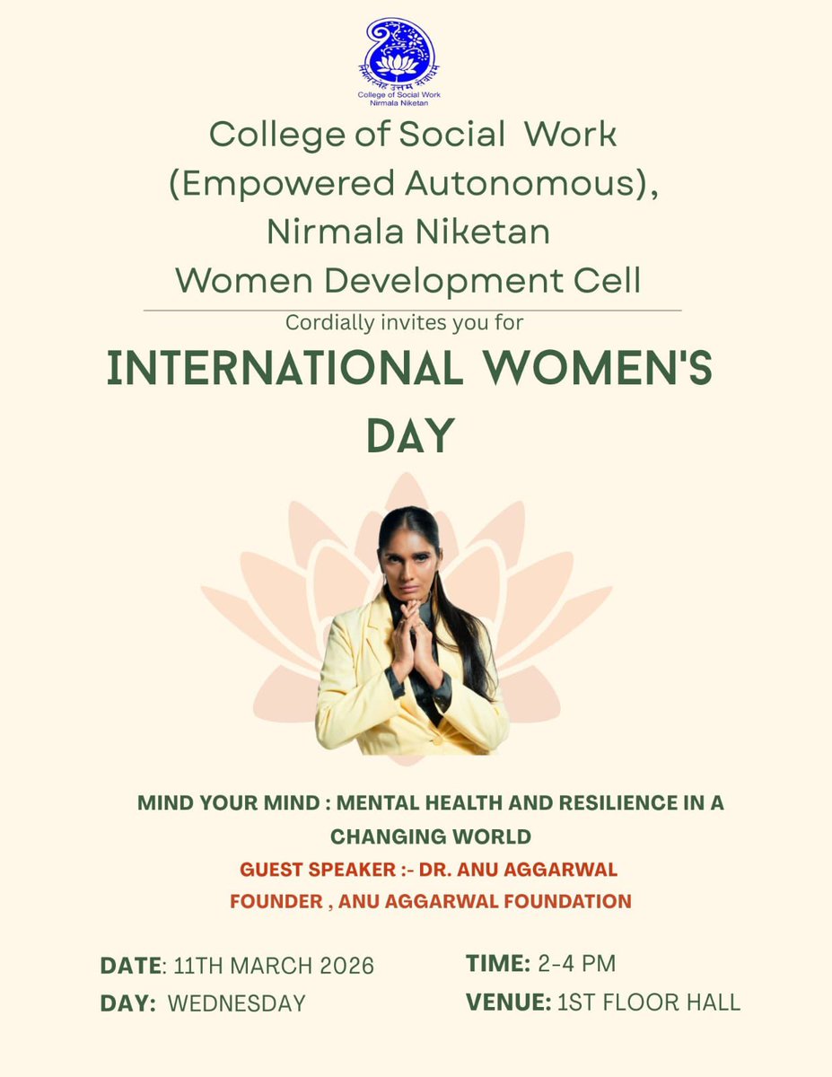anusualauthor's tweet photo. Wonderful interaction with the students at the College of Social Work, Nirmala Niketan today.
Topic: Mind Your Mind – Mental Health and Resilience in a Changing World and how mindfulness helps us stay grounded, joyful. 

Always inspiring to interact with young minds
#womensday https://t.co/iKd45OfkSX