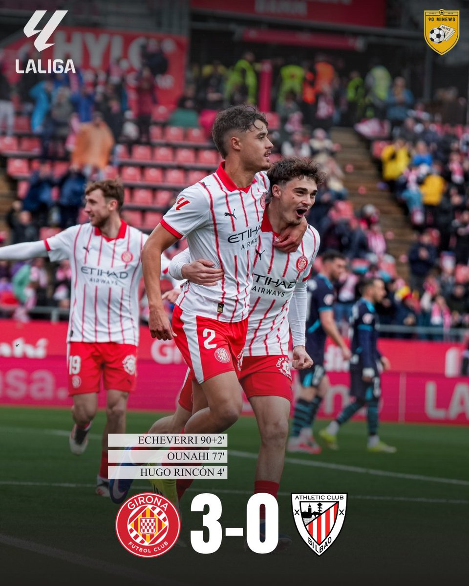 90minews's tweet photo. ✅🔴⚪️ VICTORIA del Girona ante el Athletic Club

🧤🧱 Gazzaniga protagonista en la goleada, tras varias intervenciones importantes que impidieron a los de Ernesto Valverde superar su portería.

El Athletic se aleja de puestos europeos tras esta derrota. https://t.co/gMZmiomNVr