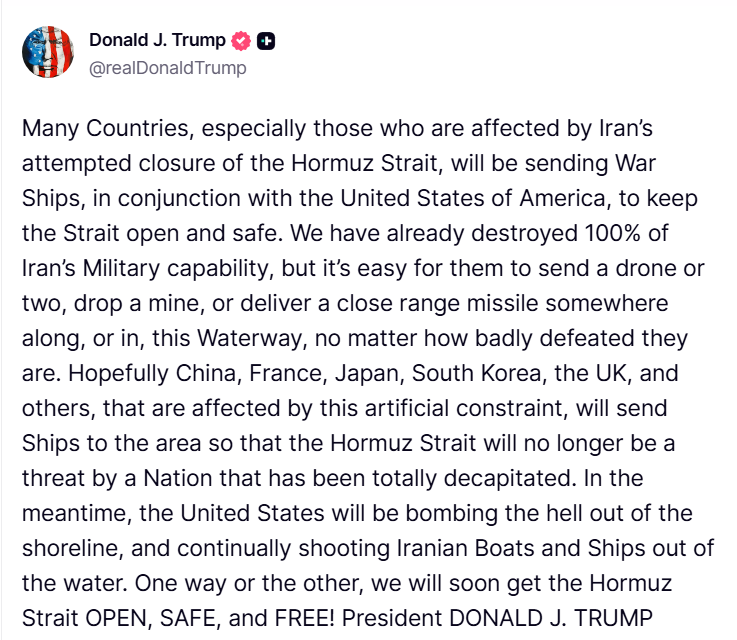 InfosFrancaises's tweet photo. GUERRE / MOYEN-ORIENT : Donald Trump appelle à une coalition pour rendre le détroit d'Ormuz "ouvert, sécurisé et libre", avec l'aide de la France et d'autres nations. https://t.co/hBOhsEdrla