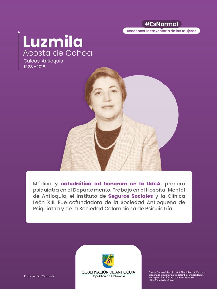 MujeresAnt's tweet photo. #EsNormal que las mujeres abran camino en la ciencia y el cuidado de la salud mental, tal como lo hizo la psiquiatra Luzmila Acosta de Ochoa. 💜🧠 https://t.co/JNDHIolZgu