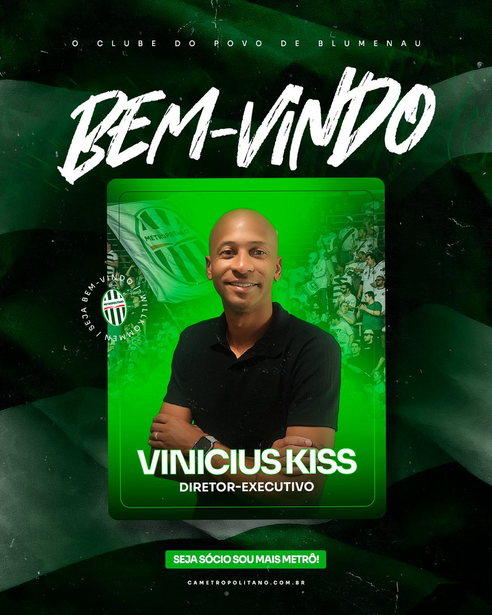 Vinícius Kiss é o novo diretor-executivo de futebol do Metropolitano 🖊️

Aos 37 anos, Kiss chega ao Metrô para assumir a diretoria-executiva de futebol do Clube do Povo em parceria com a LA Sports.

Seja bem-vindo!

#SouMaisMetrô 🇳🇬