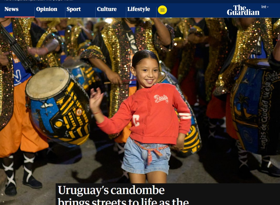 📰El diario The Guardian destacó recientemente al Candombe, una de las expresiones culturales más emblemáticas de Uruguay, resaltando su historia, su vínculo con la comunidad afrodescendiente y su presencia viva en las calles de Montevideo.

El Candombe fue inscrito en 2009 en la