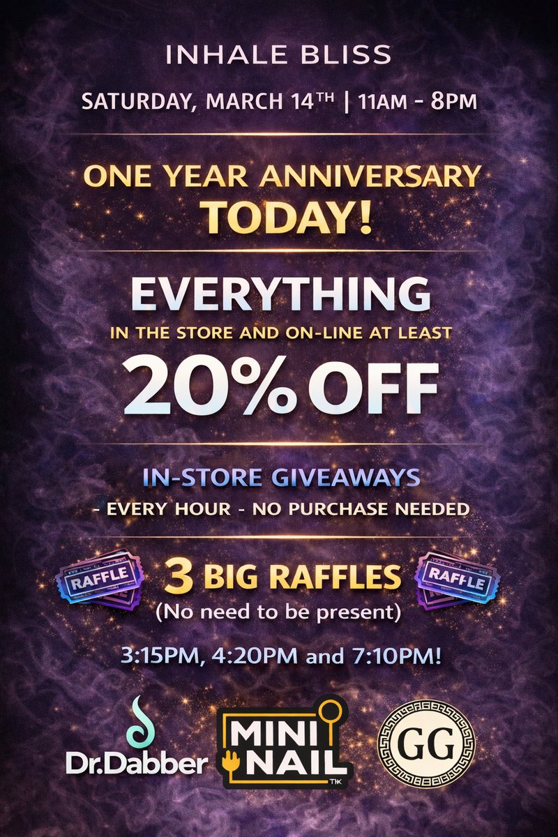 inhale_bliss's tweet photo. Today’s the day! Come celebrate with us on-line or in the store!

Our 1 Year Anniversary Celebration is happening today from 11 AM – 8 PM at Inhale Bliss in Downtown Nampa, and we’re excited to celebrate with the community that made our first year possible.

Here’s what’s happening today:

🔥 Storewide Sale - At least 20% OFF almost EVERYTHING In Store & Online (discount automatically at shopping cart)

🎁 Giveaways at the Top of Every Hour (In-store only)

🎟 3 Big Raffle Giveaways

Raffle prizes include:

• Dr. Dabber – Ghost 2

• MiniNail – Flower Wand Complete Kit

• Greek Glass – Swiss 2.0

Every purchase over $25 earns a raffle ticket, and you can still earn entries today in store or online.

Must be 21+ and a member of our rewards program to participate.

We also just stocked the shop with a lot of new pieces and accessories from Glassroots Art Show, so today is a great chance to see the latest drops.

While you're downtown, the Downtown Nampa Food Truck Rally will be happening just down the block in Lloyd Square Park (12pm–4:30pm) with a St. Patrick’s Day theme and live entertainment.

We’ll also have Kind Idaho at the store with petitions available to sign.

Come celebrate with us.

Hang out, check out the new glass, grab a deal, and maybe win something nice.

Inhale Bliss
Today • 11 AM – 8 PM
Downtown Nampa or online link in profile